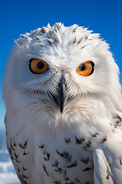 A regal snowy owls face against a snowy landscape under a cl hyper realistic illustration photo art