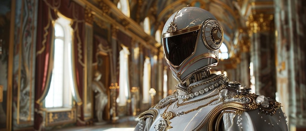 Regal Steampunk Robot in Baroque Hall