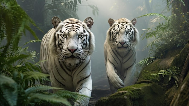 Regal white tigers emerging from a mistcovered jungle exuding a sense of mystery and power