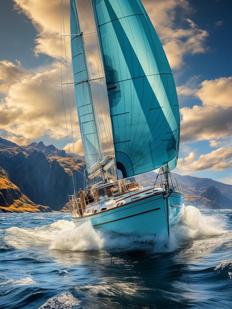 Regatta of sailing ships with white sails on the high seas Aerial view of a sailboat in a windy state Summer journey Generative AI