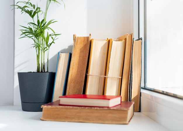 Foto regeling met boeken dichtbij venster