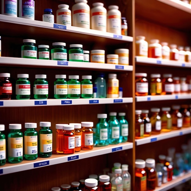 Foto regels met medicijnen, medicijnen en pillen die in de apotheek worden opgeslagen voor verkoop