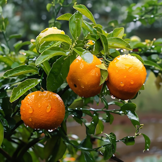 Foto regen doorweekte sinaasappelen in de tuin