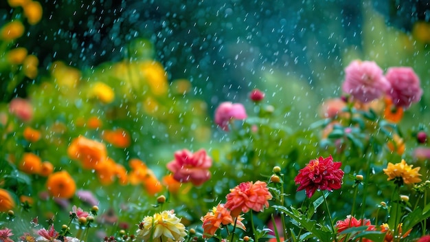 Regen druppels op kleurrijke bloemen in de tuin Mooie bloemen achtergrond