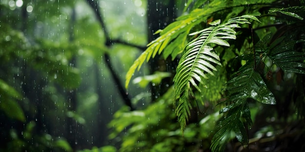 Regen valt in een regenwoud met de regendruppels Generative AI