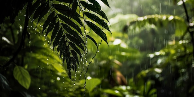 Regen valt in een regenwoud met de regendruppels Generative AI