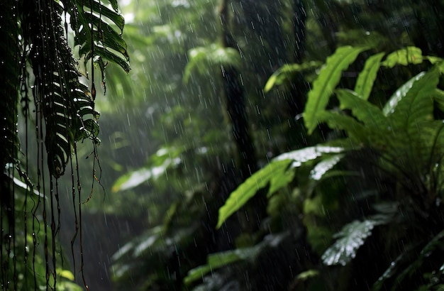 Regen valt in een regenwoud met de regendruppels Generative AI