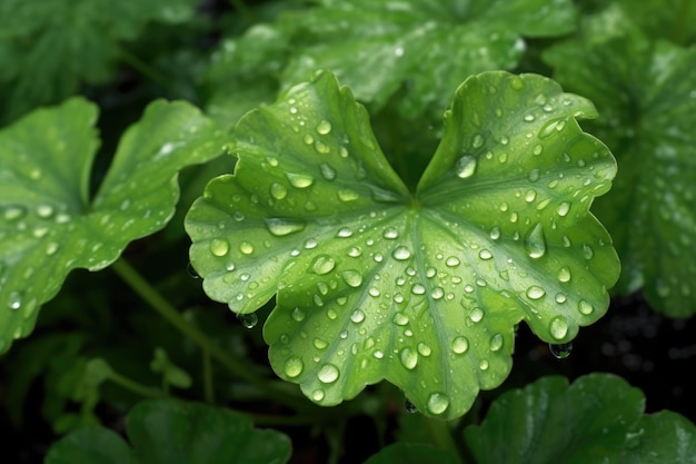 Regen valt over groene Alchemilla vulgaris bladeren in een zomer tuin Alchemilla molli is een andere na...