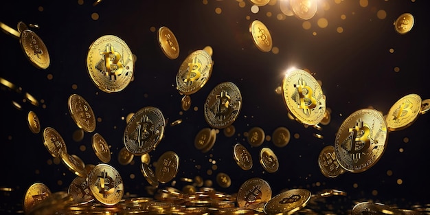 Regen van gouden bitcoin-munten op een donkere achtergrond