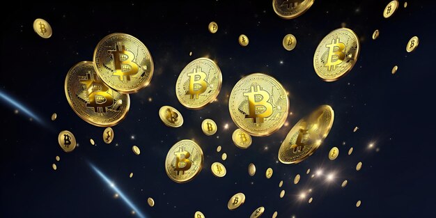 Regen van gouden bitcoin-munten op een donkere achtergrond