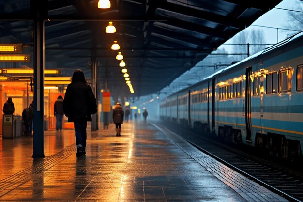 Regenachtige dag op een treinstation met mensen die onder dekking wachten