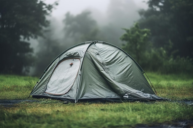 Regenachtige dag tent in het bos Tent zit in een veld van groen gras omringd door bomen Regen valt zachtjes op de tent het creëren van een vreedzame en serene scène Kopieer ruimte