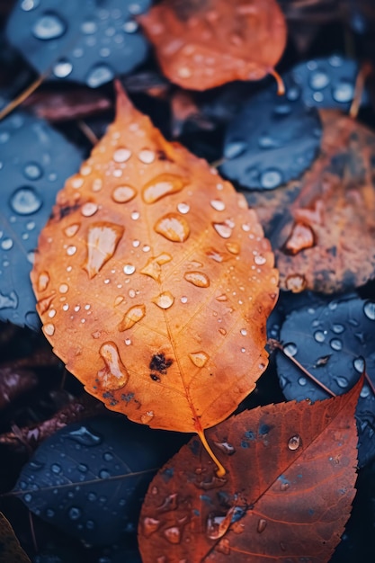 Regenachtige herfstdag natuur esthetische achtergrond met close-up heldere bladeren Mooi herfstseizoen