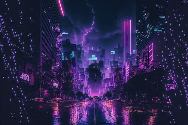 Regenachtige mistige nacht in een straat van een cyberpunkstad Enorme neonwolkenkrabbers Nat asfalt reflecteert gloeiende neonlichten Sombere stedelijke scène gecreëerd door generatieve AI