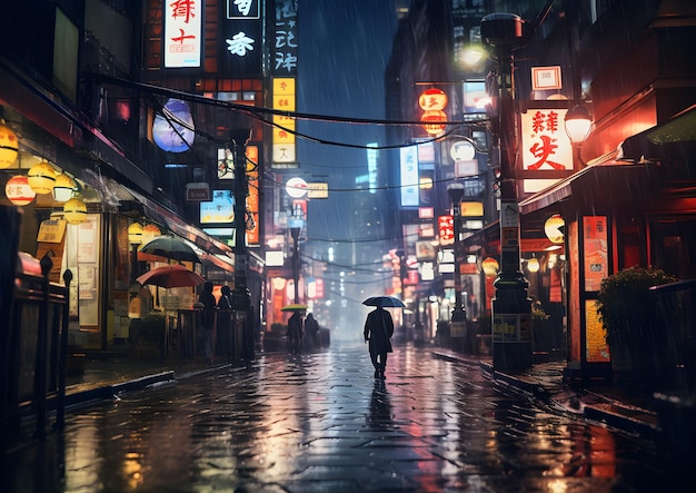 Foto regenachtige nacht straat straat scène in tokio japan