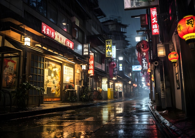 Foto regenachtige nacht straat straat scène in tokio japan