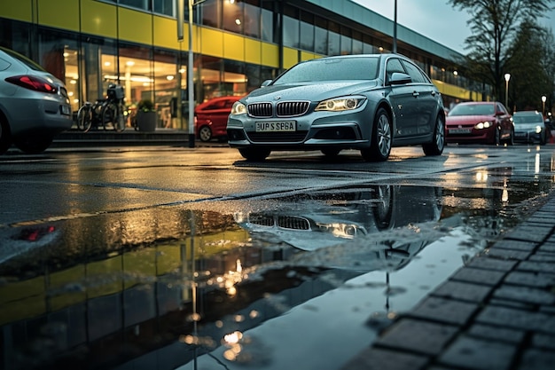 Regenachtige parkeerplaats met auto's buiten de supermarkt