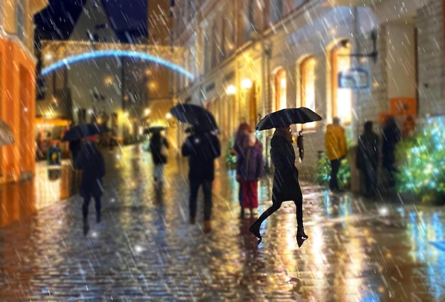 regenachtige straatmensen lopen met paraplu's stad wazig licht natte stoep Tallinn oude stad