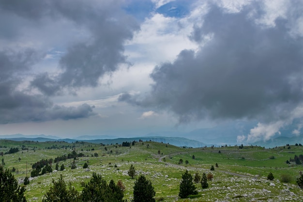 Regenachtige wolken naderen de groene bergweide