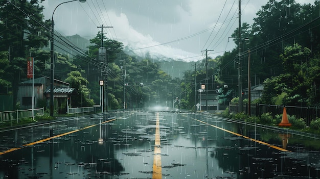 Regenachtige zomerdag in het stedelijk gebied met natte wegen en weelderig groen langs de kant van de weg