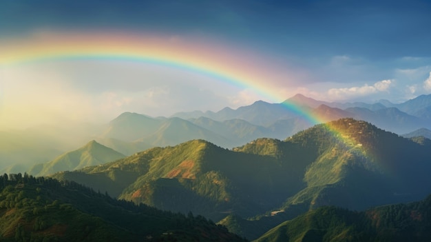 Regenboog boven de bergen met een bewolkte lucht op de achtergrond