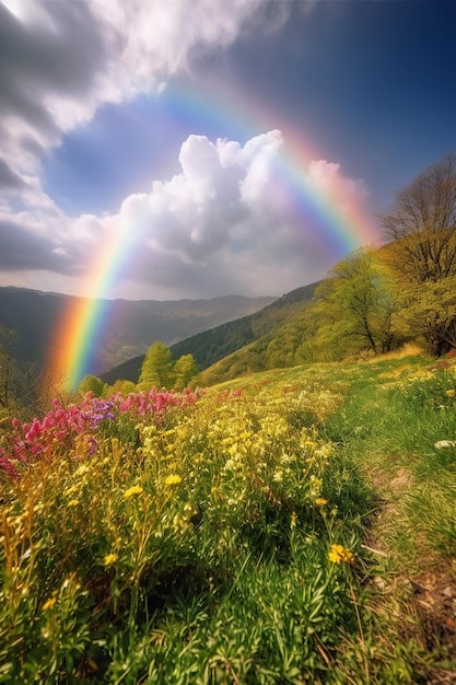 Regenboog boven een bloemenveld