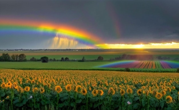 Regenboog boven een veld met zonnebloemen