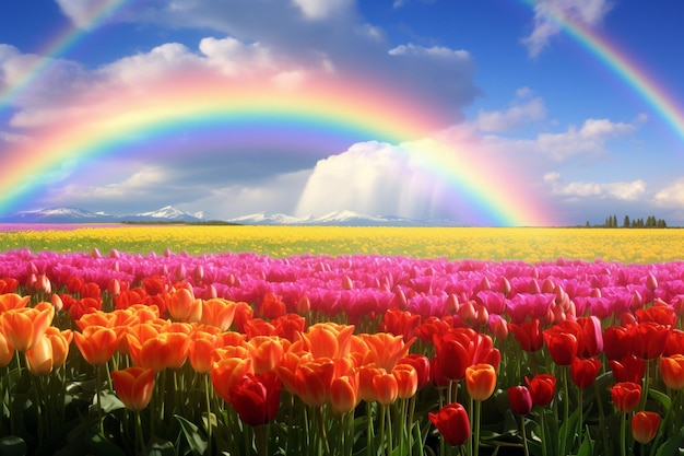 Regenboog boven tulpenvelden