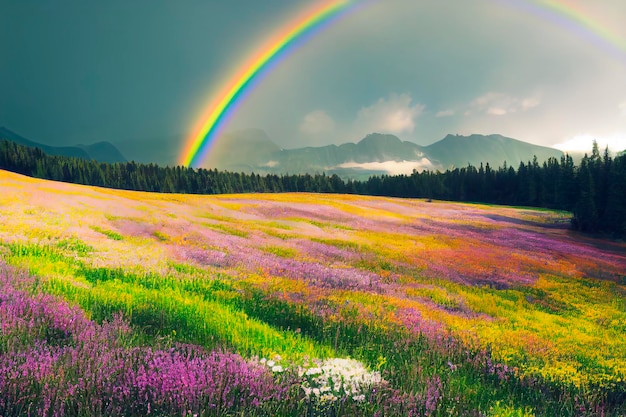 Regenboog in de bergen boven de weide Landschap met zomerbloemen Zonnig weer