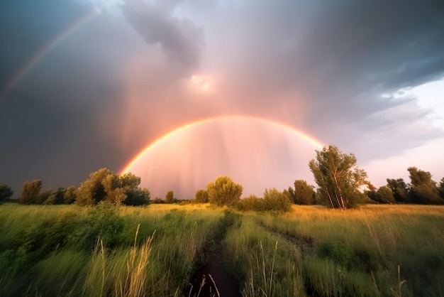 Regenboog in het veld met gras en bomen aan de horizon Generatieve AI