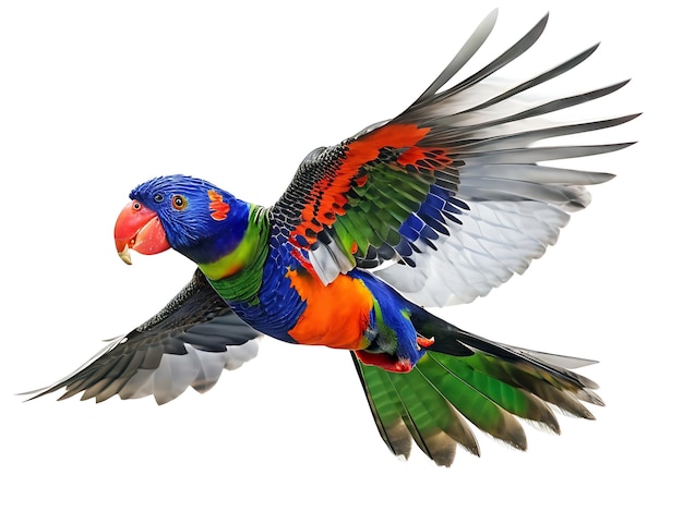 Regenboog lorikeet vliegen op witte achtergrond gegenereerd door ai