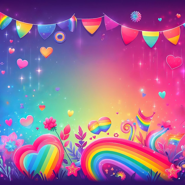 Foto regenboog met harten en bloemen op een kleurrijke achtergrond gegenereerd door ai