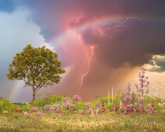 regenboog op zonsondergang bliksemhemel op groen veld met wilde bloemen en bomen natuur landschap