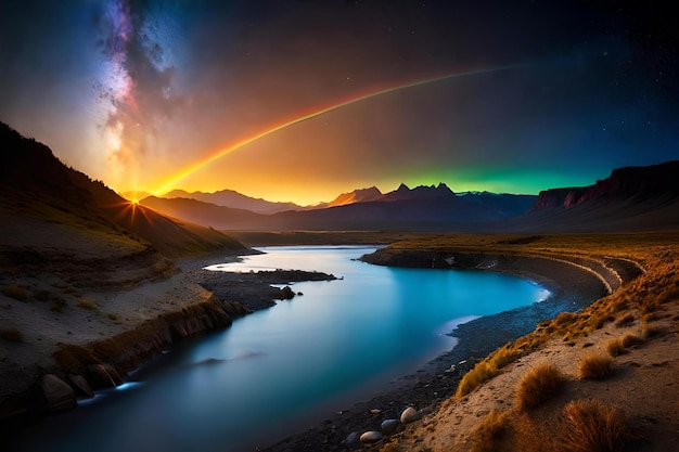 Regenboog over het meer bij zonsopgang in Patagonië