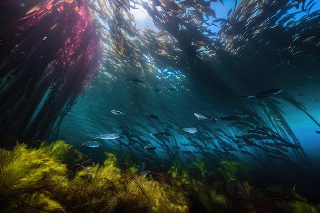 Regenboog van kelpbos met zwemmende vissen en scholen kleurrijke vissen gemaakt met generatieve AI
