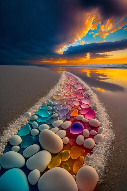 Regenboog van rotsen op een strand bij zonsondergang generatieve ai