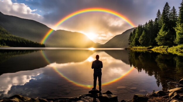 Foto regenboog weerspiegeld in een bergmeer