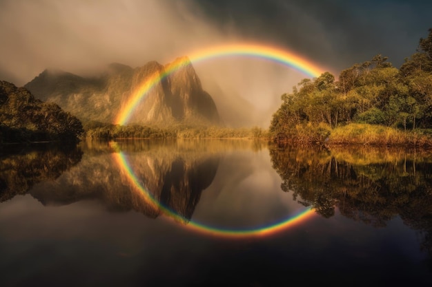 Regenboog weerspiegelt in stilstaand water en creëert een spiegelbeeld van de originele Rainbow Generative AI