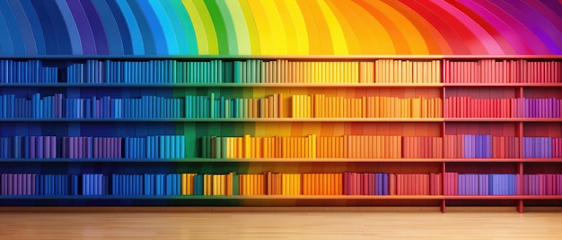 Regenboogboekenplank voor een levendige thuisbibliotheekachtergrond