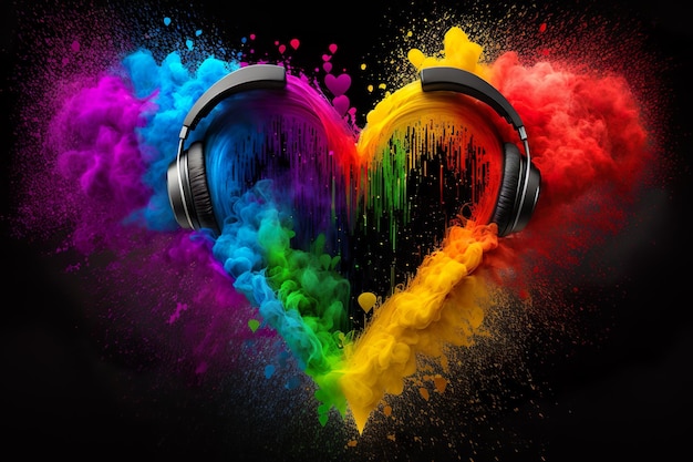 Regenbooghart met koptelefoon Genezing met muziek en muziektherapieconcept