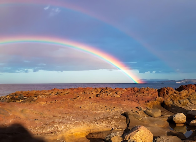 Regenbooghemel rode zee van steen