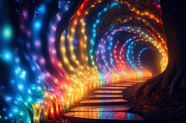 Regenboogkleurige LED-lichtpaden bij lange blootstellingsfotografie