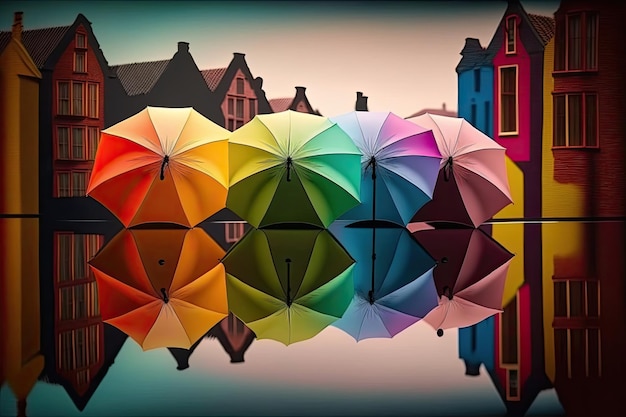 Foto regenboogkleurige paraplu's weerspiegeld in het water van een gracht