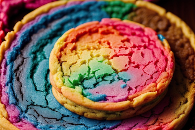 Regenboogkoekjes zijn gerangschikt op een bord met een cirkel in het midden.