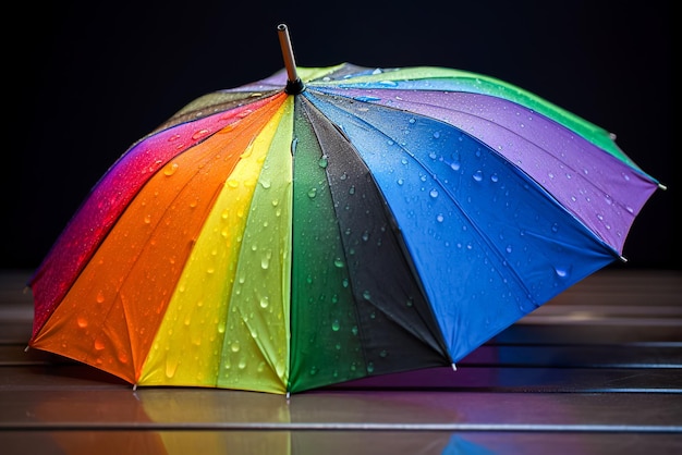 Regenboogparaplu in de regen Selectieve focus en ondiepe scherptediepte Generatieve AI