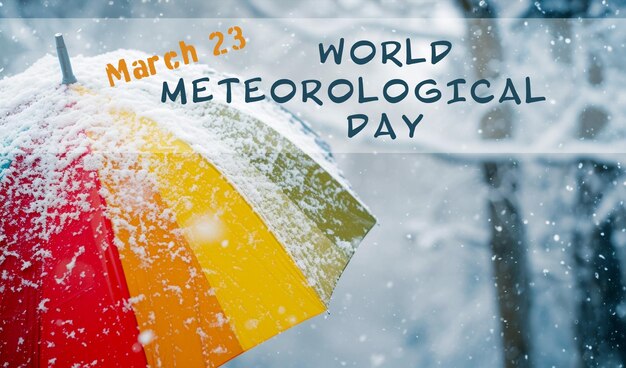 Regenboogparaplu onder zware sneeuw in het park Wereldmeteorologische Dag