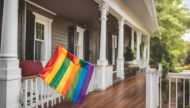 regenboogvlag hangt van een veranda in een huis