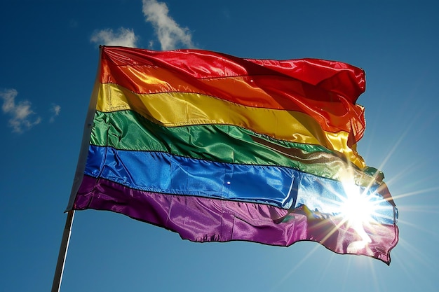 Regenboogvlag zwaaiend op blauwe lucht met zon Symbool van LGBT
