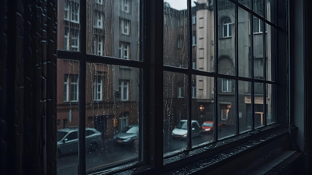 Regendruppel van hevige regen bij het glazen raam uitzicht vanuit het appartement Regenachtige dag buiten