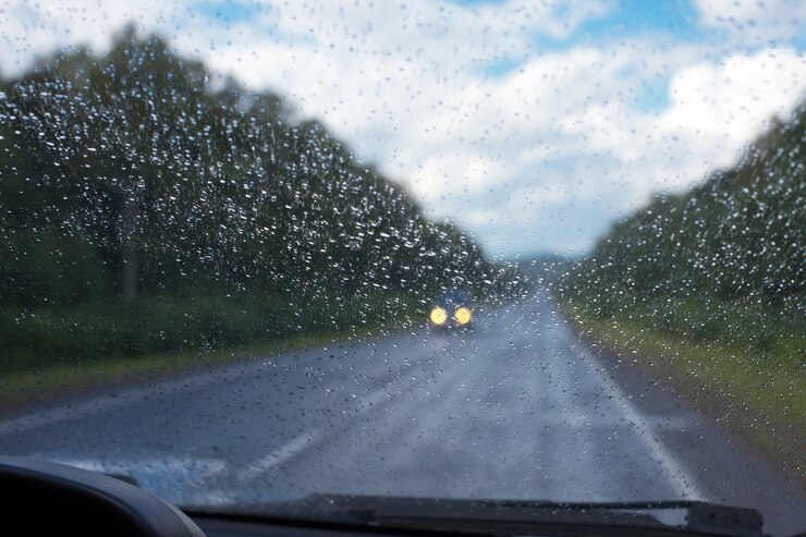 Regendruppels op de voorruit vanuit de binnenkant van de auto